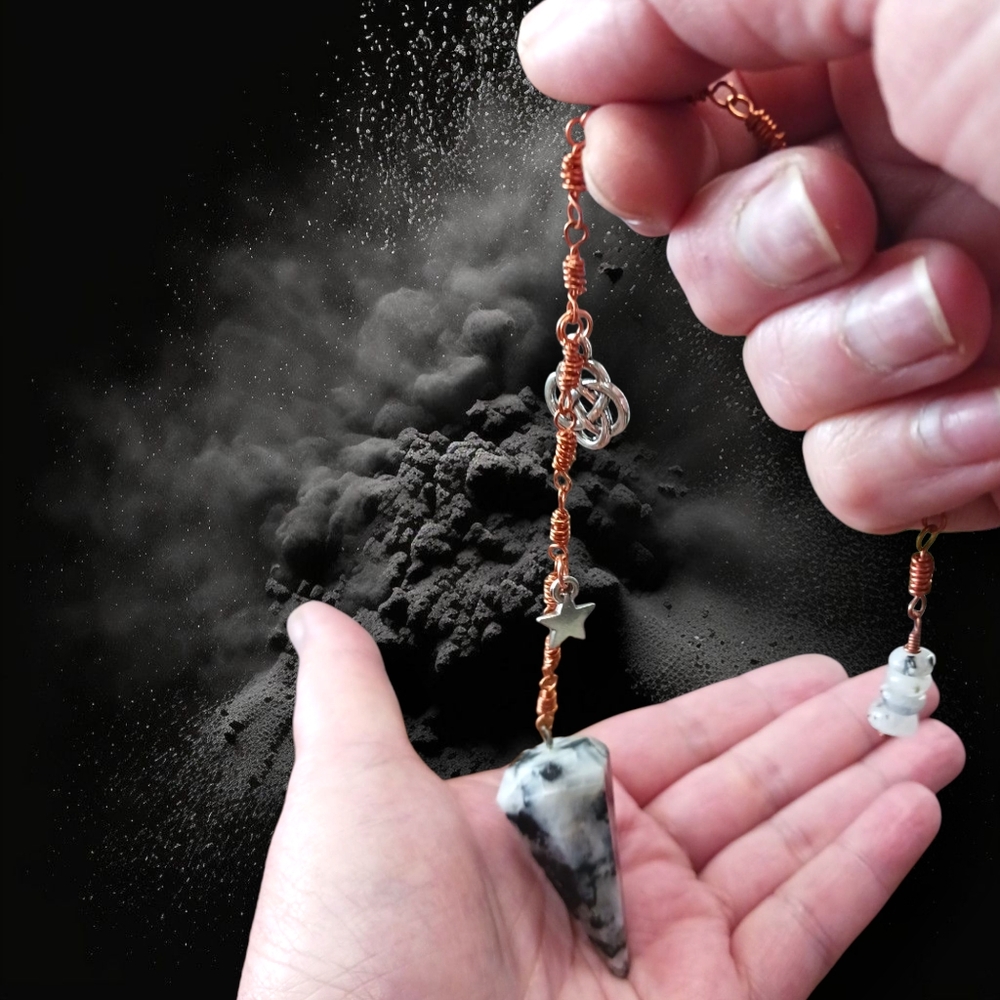 Handcrafted Moonstone Pendulum with Copper Wire & Silver Charms
